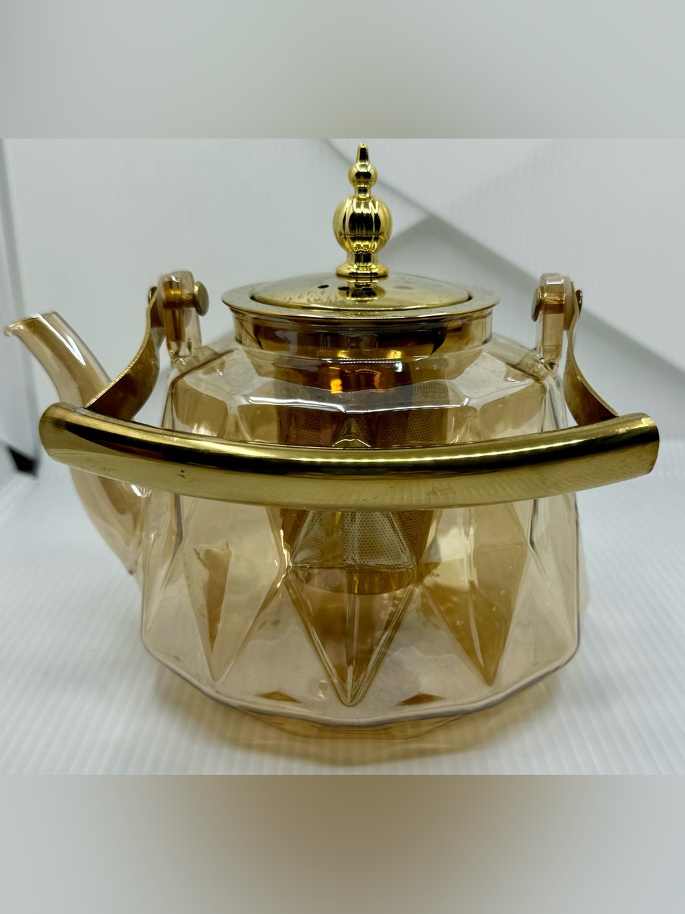 Charbrew Patterned Amber Borosilicate 1000 ml Teapot Gold Lid Infuser & Handle - Picture 6 of 6
